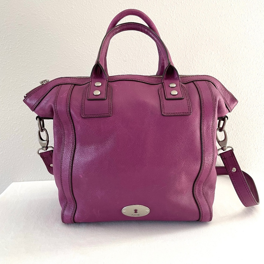 Fossil Magenta Purple Satchel Bag w Cowhide Leather Pewter Silver-tone and Strap